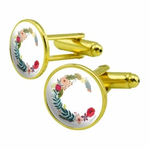Letter C Floral Monogram Initial Round Cufflink Set Gold Color - Picture 1 of 6