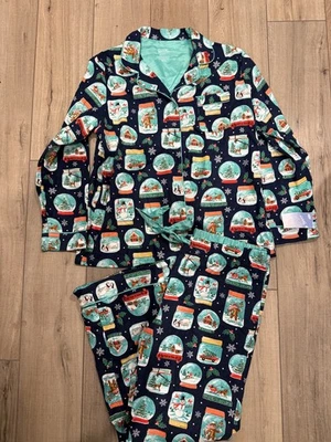 NWT Nick & Nora Pajama Set Christmas SNOW GLOBES sock monkey Flannel large - Image 1 of 4