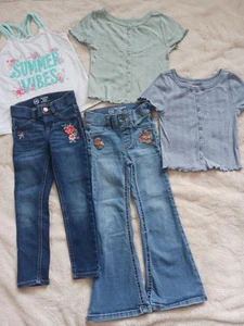 Lot of 5, kids jeans 2 and 3 tops all Size x small embroidered denim jeggings - Picture 1 of 9