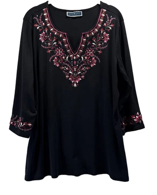 Karen Scott Women's Top XL Black Embroidered 3/4 Sleeves V Neck Pullover Tunic - Image 1 of 4
