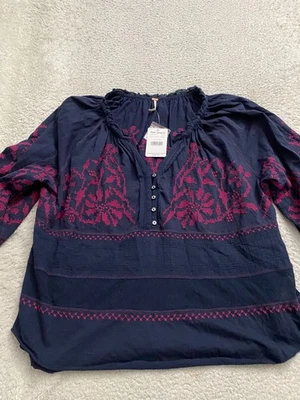 Blusa Henley Free People Mujer Bordada Manga Larga Azul Marino Talla XS Foto 1 de 4