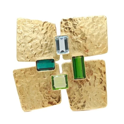 Vintage Ed Wiener 18K Gold, Peridot, Tourmaline, & Aquamarine Modernist Brooch. - Image 1 of 4