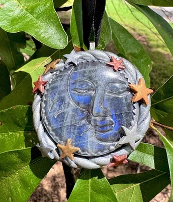 Hecho a mano azul flash labradorita sol luna cara cristal colgante estrellas plata oro Foto 1 de 4