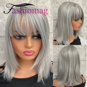 Medium Straight Silver Gray Mix Synthetic Hair Wig Women Soft Natural With Bangs - Picture 1 of 13