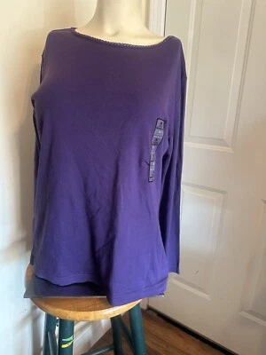 Basic Editions Top Long Sleeves 100% Cotton Purple Ribbon Trim Crew Neck Sz M Foto 1 de 4