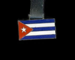 Vintage Enamel Watch Fob, Cuban Flag, Black Leather Strap, Cuba - Picture 1 of 4