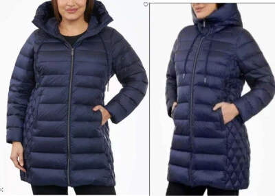 $290 новый с Ярлыками Michael Kors с капюшоном вниз Packable пальто Longline куртка Sz. 2 X темно-синий - Изображение 1 из 4