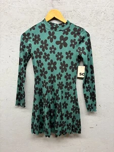 SO Girls Dress Size Large 10/12 Green Black Floral Mock Neck Long Sleeve NWT - Picture 1 of 8