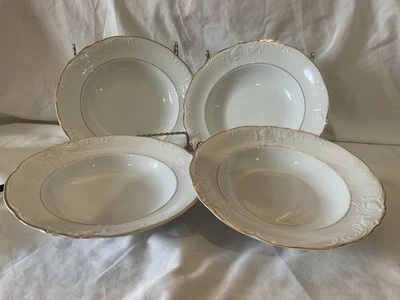 4 cuencos de sopa de porcelana blanca Royal Kent Polonia borde dorado festoneado de colección Foto 1 de 4