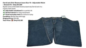 Cat & Jack Girls Blue Jeans Size 14 - Bootcut-Adjustable Waist. - Picture 1 of 8