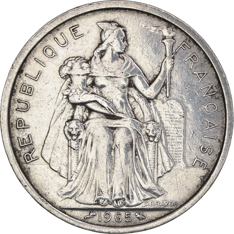 French Polynesia 5 Francs Coin | Liberty Sitting | Throne | Sailboat | 1965 - Image 1 of 4