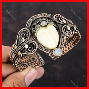 White Carved Face Gemstone Rainbow Moonstone Wire Wrapped Birthday Cuff Copper - Picture 1 of 6