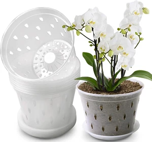 Orchid Pot, 7 Inch 8 Pack Orchid Pots with Holes and Saucers, Clear Plastic Plan - Picture 1 of 9