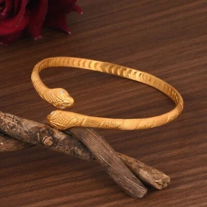 925 Solid Silver Double Headed Snake - Gold Texture Zircon Serpent Cuff Bangle - Picture 1 of 11