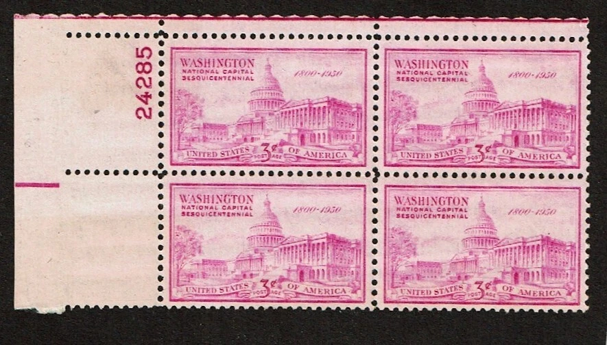 1950 U.S Commem 3c Vio U.S. Capital  Plt#Blk of 4 Sc#992  M/NH/OG/Pristine - Image 1 of 1