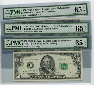 Fr. 2114-C $50 1969 Federal Reserve Note 3 Consecutive 65 EPQ PMG DC-2594 - Picture 1 of 2