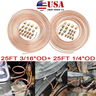 25Ft 1/4 + 3/16 Brake Line Kit Upgraded Flexible Copper Coated Alloy Brake Tube - Image 1 of 4