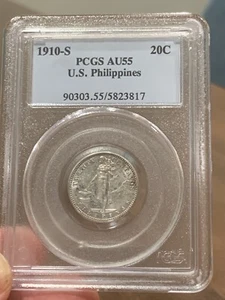 1910-S US Philippines 20 Centavos PCGS AU-55 Mintage:500,000 Rare in AU - Picture 1 of 6