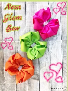 Neon Glam hair bow, bling, pink, orange, green, lime, hair clip, octopus bow - Picture 1 of 4
