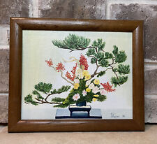 Vintage 1982 Oil Painting Canvas Bonsai Tree Flowers Signed Pat Campbell 8”x10”