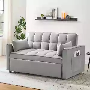 Convertible Velvet Sleeper Sofa 3-in-1 Pull Out Bed Folding Loveseat Couch Gray - Picture 1 of 5