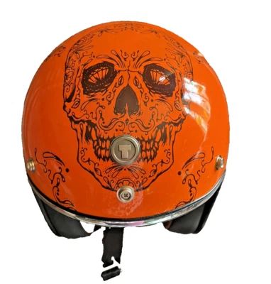 TORC T-50 3/4 Open Face Motorcycle Helmet Orange Skull Craned DOT Size SMALL SEE - Image 1 of 4