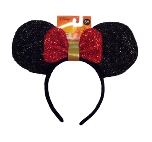 Disney Minnie Mouse Ear Headband Red Bow Black Sparkly Costume Accessory Pretend - Picture 1 of 9