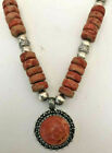 16" Red Coral Disc Necklace with Round Studded Pendant 925 Sterling Silver