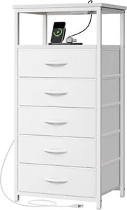 New-White Dresser with 5 Drawers & Charging Station, Tall Dresser for Bed - Picture 1 of 6