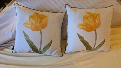 Safavieh Throw Pillows Yellow Embroidered Tulips DOWN Set Of 2 Luxe Quality - Image 1 of 4