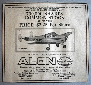 Avión Alon Aircoupe Modelo A-2 Años 60 Stock Oferta por Acción Anuncio Impreso De Colección - Imagen 1 de 2