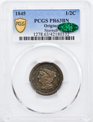 1845 BRAIDED HAIR 1/2C PCGS PR 63 BN - Image 1 of 4