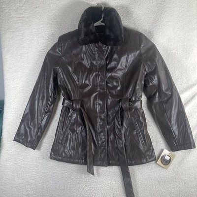 NUEVA Chaqueta Giacca Mujer Pequeña Marrón Imitación Cuero Rayón Abrigo Cinturón Edredón Forrado Foto 1 de 4