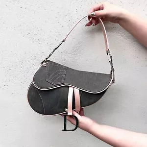RARE☆☆☆Auth CHRISTIAN DIOR Saddle bag denim shoulder bag grey - Picture 1 of 14