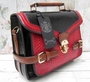 Handbag Satchel Bag Faux Leather Black/Red Top Handle & Long Strap New - Picture 1 of 13
