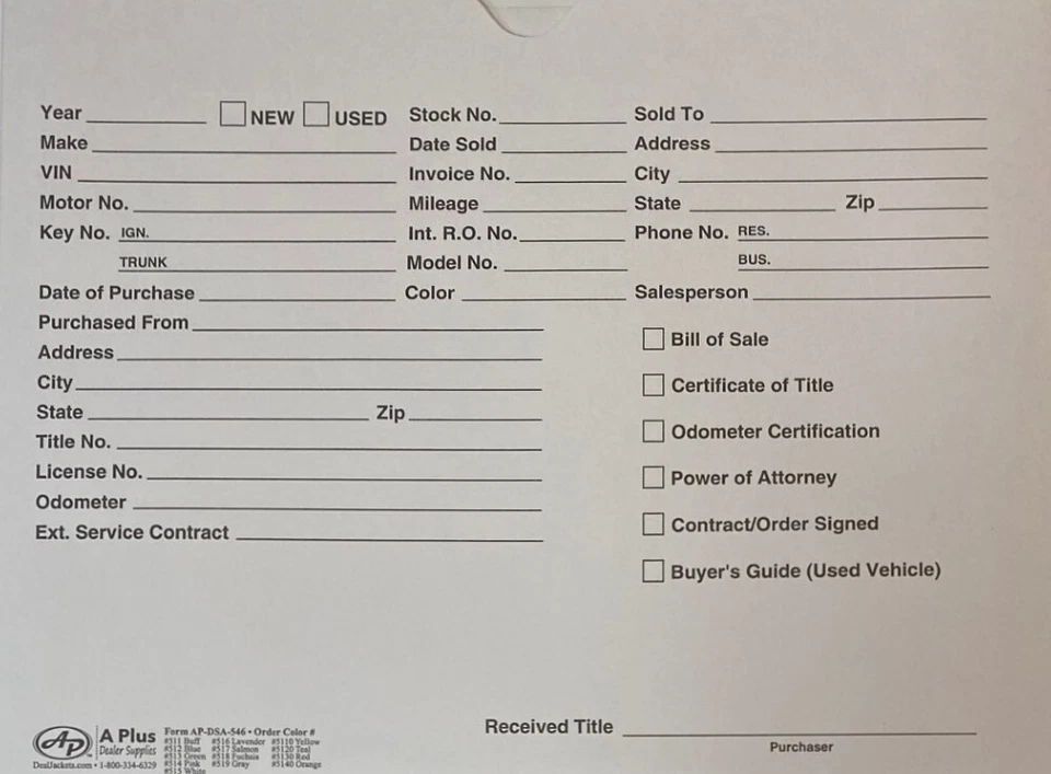 A PLUS Vehicle Deal Jackets/Envelope for Auto Sales DSA-546 White • Qty 200 (P6)