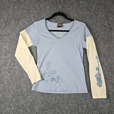 Camiseta Harley-Davidson Jóvenes Niñas L Manga Larga Blanco Azul Vintage EE. UU. Algodón Foto 1 de 4