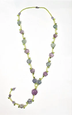 Purple & Blue Flowers Light Green Beaded Drop Necklace Sterling Silver Clasp - Image 1 of 4