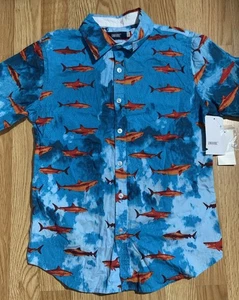 Univibe Big Boys Cloud Shark Print Shirt Large Ocean Blue Button Down Size Large - Picture 1 of 4