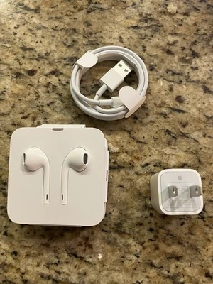 Original OEM Apple iPhone   USB Lightning Cable + Wired Earbuds + Wall Charger - Image 1 of 4