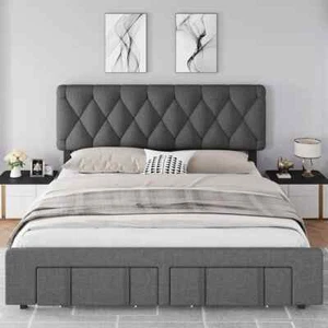 Full Size Bed Frame Upholstered Headboard Platform w/ Storage Drawers - Picture 1 of 7