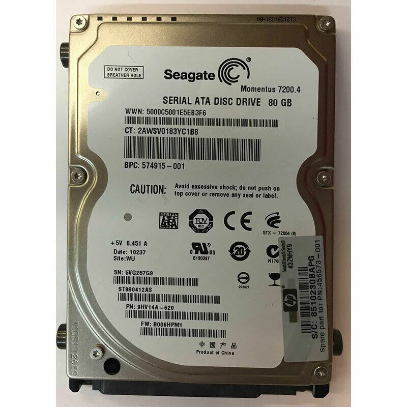 456573-001 574915-001 497728-001 HP 80GB 2.5" Seagate Momentus 7200.4 ST980412AS - Image 1 of 1