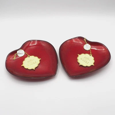 HEART SHAPED TURKISH GLASS SALAD DESSERT PLATES RED SET OF 2 VALENTINE'S DAY NEW - Image 1 of 4