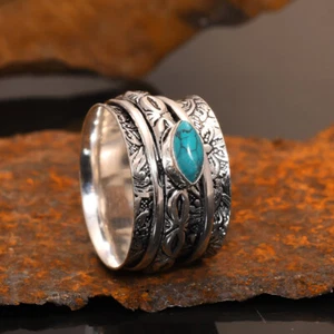 Turquoise Wide Band Textured 925 Sterling Silver Boho Spinner Ring - Picture 1 of 5