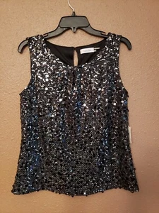 CALVIN KLEIN SEQUIN SLEEVELESS TANK TOP WOMEN'S SHIRT BLACK SPARKLE SIZE M NWT - Picture 1 of 4