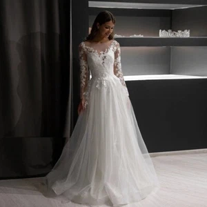 Princess Sparkling A-Line Wedding Dress with Long Sleeves Lace Applique Tulle - Picture 1 of 11