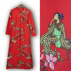 Vtg 70s Red Japanese Lady Kimono Flower Blossom Bird Print Hostess Maxi Dress M - Picture 1 of 11