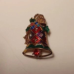 Christopher Radko Signed Brooch Pin Sparkling Christmas Bell Enamel Rhinestones - Picture 1 of 3