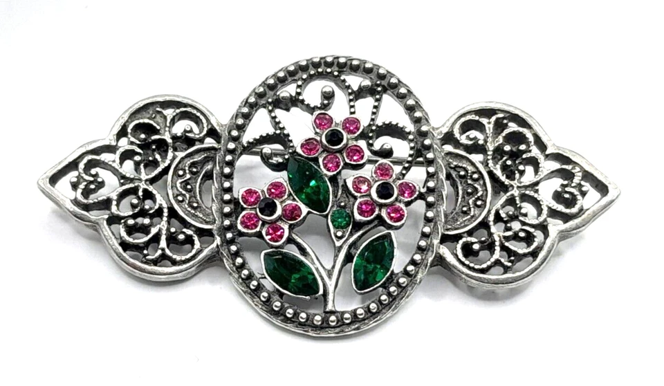 Broche prendedor victoriano de 2" con diamantes de imitación y esmalte 1928 tono plata oscuro y flores rosas Foto 1 de 4