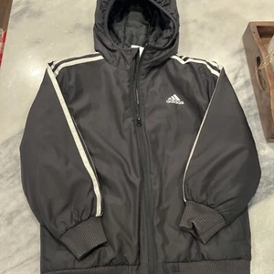 Adidas Jacket Boys Youth Small 7/8 Black 3 Stripe Puffer Hooded Full Zip - Picture 1 of 7